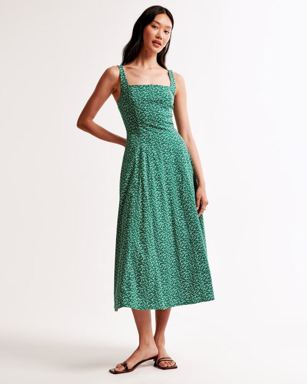NWT Abercrombie & Fitch Fit & Flare Stretch Midi Dress Green Floral Square Neck